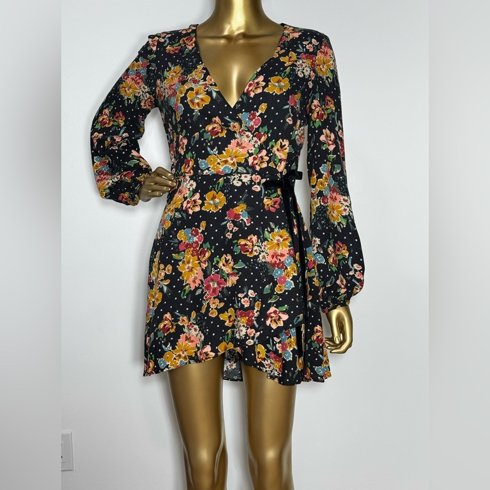 Zara Wrap Mini Dress V-Neck Cotton Floral Print Black Yellow Romper EUC ~ Sz M